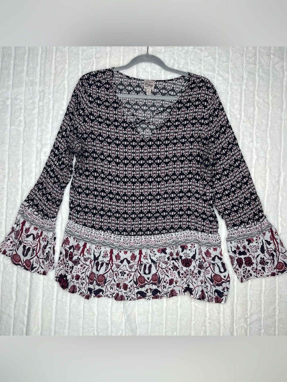 Como Vintage Boho Floral Geometric Bell Sleeve Blouse Top XL